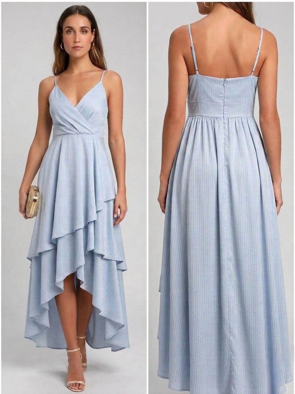 Lulus Blue Pinstripe Ruffle High-Low Midi Maxi Dress Size XS New With Tags